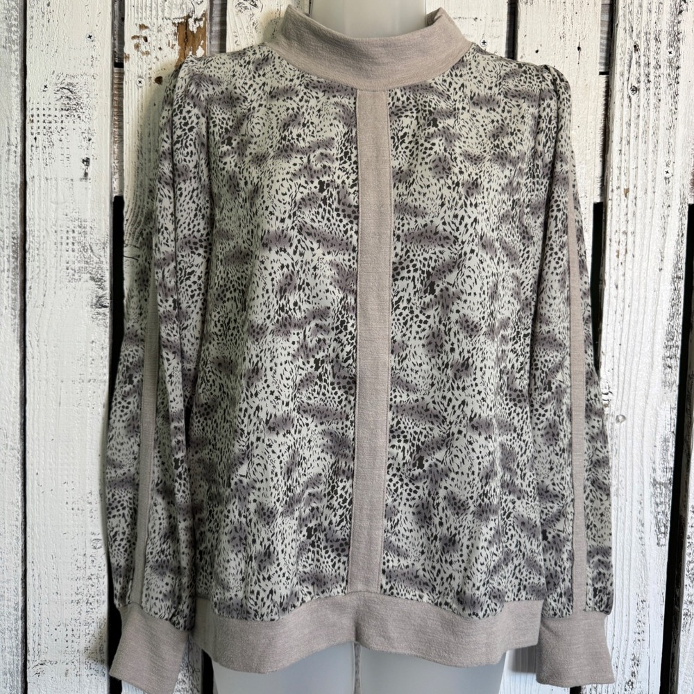 THML Animal Print Top Size L Mock Neck Gray Tan Lightweight Trendy Career Office
